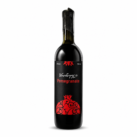 Mamuli Pomegranate Wine 750ml bottle with Georgian design, showcasing fruit wine, 13% alcohol content.