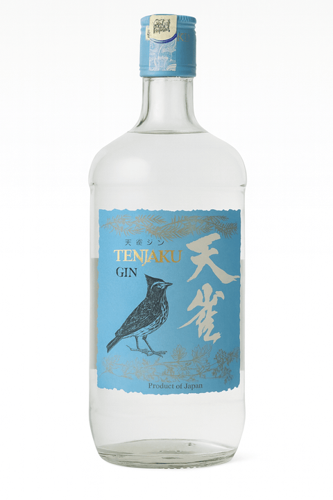 Bottle of Tenjaku Japanese Gin 700ml 40% with blue label and bird illustration