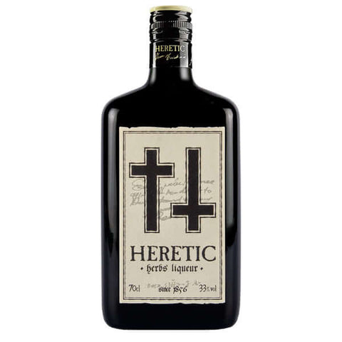 Bottle of Heretic Herbal Liqueur 70cl, 33% ABV from Spain, showcasing bold design with cross labels on a dark bottle.