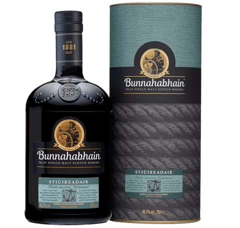 Bunnahabhain Stiuireadair Single Malt Scotch Whisky bottle and packaging, 46.3% ABV, showcasing Islay's maritime heritage.