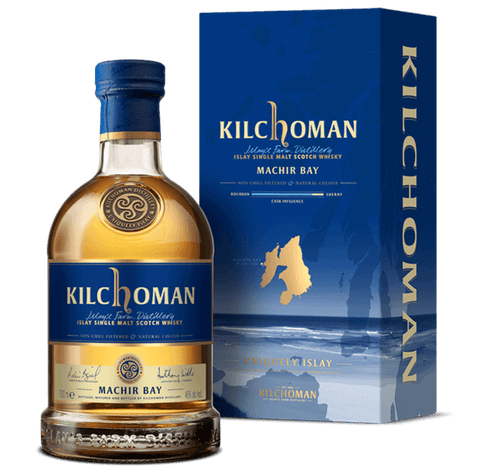 Kilchoman Machir Bay Single Malt Scotch Whisky 700 ml bottle with box, showcasing Islay's smoky and maritime essence.