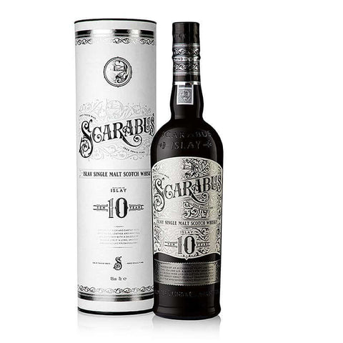 Scarabus 10 Y Single Malt Scotch Whisky bottle and packaging from Islay, Scotland, showcasing its bold and smoky character.