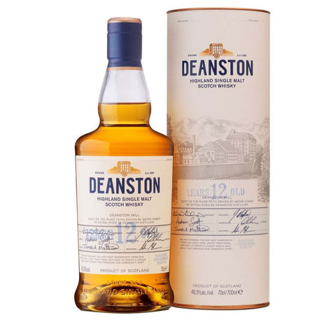 Deanston 12 Year Old Single Malt Scotch Whisky bottle and packaging, 700ml, showcasing Highland craftsmanship and natural purity.