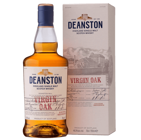 Deanston Virgin Oak Single Malt Scotch Whisky bottle and box, highlighting its Highland origins and vibrant character.