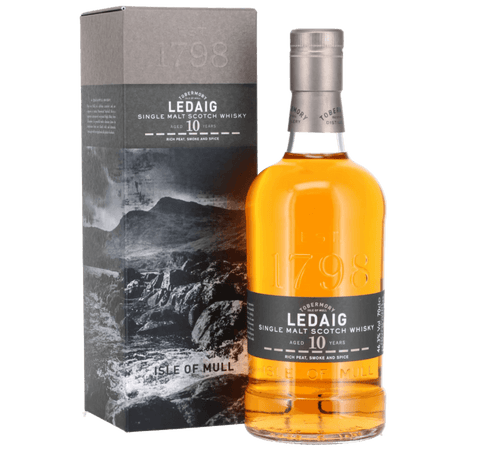 Bottle and packaging of Ledaig 10 Y Single Malt Scotch Whisky 700ml, 46.3%, from the Isle of Mull with smoky, peaty flavor.
