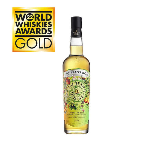 Compass Box Orchard House Blended Scotch Whisky bottle with award label