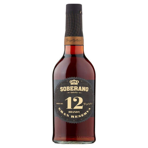 Bottle of Soberano 12 Y Spanish Brandy 700 ml, 36% ABV from Jerez, Spain, aged in American oak, crafted by González Byass.