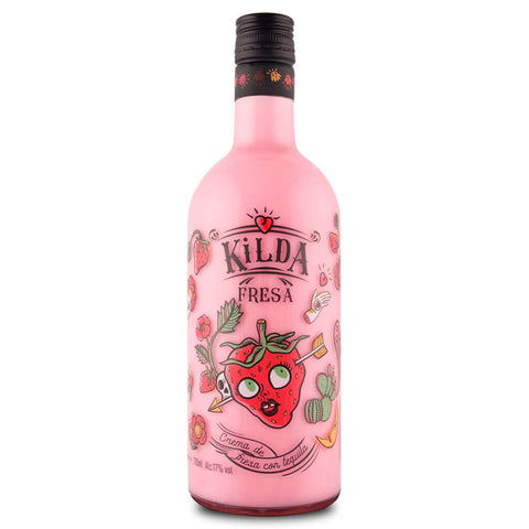 Kilda Strawberry Liqueur 70cl bottle with fun fruit illustrations, 17% ABV, sweet taste with vibrant pink design, from Spain