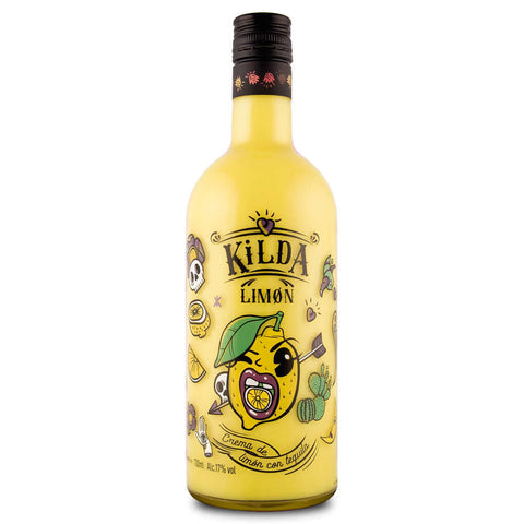 Kilda Lemon Liqueur bottle, 70cl, 17% ABV, with vibrant yellow packaging, showcasing a playful lemon design, crafted in Spain.