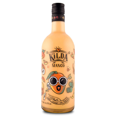 Bottle of Kilda Mango Liqueur 70cl, 17% ABV, featuring a vibrant mango illustration, perfect for cocktails and desserts.