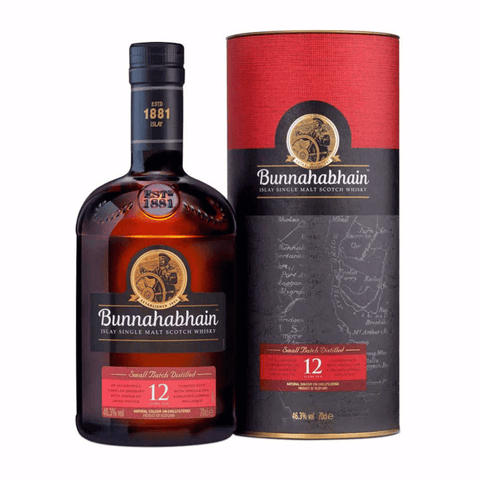 Bunnahabhain 12 Y Single Malt Scotch Whisky 700ml bottle and box. Classic unpeated Islay whisky with 46.3% ABV.