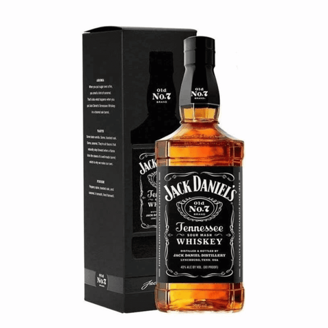 Jack Daniels Tennessee Whiskey 1L bottle with box, showcasing iconic American craftsmanship from Lynchburg, Tennessee.