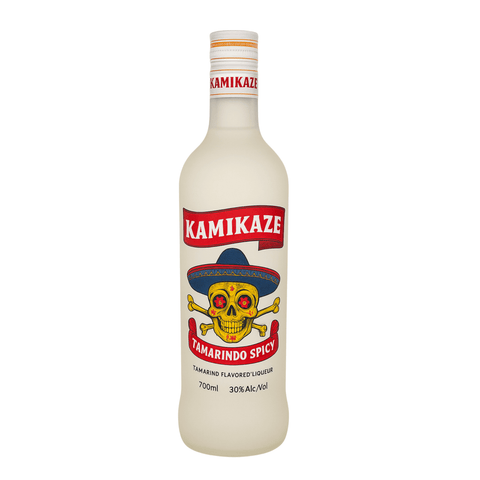 Kamikaze Tamarindo Spicy Liqueur 700ml bottle with skull label and vibrant design, 30% alcohol content.