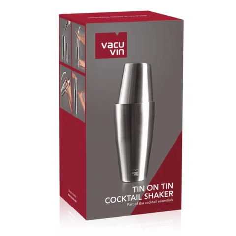 Vacu Vin Tin-on-Tin Cocktail Shaker 750 ml packaging showcasing professional-grade stainless-steel shaker from the Netherlands.