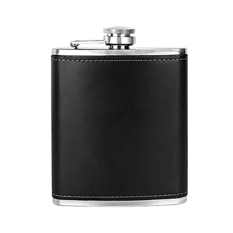 Black Leather Stainless Steel Hip Flask showcasing elegance and durability, perfect for easy portable enjoyment of drinks.