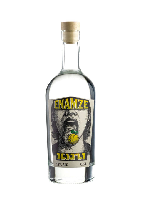 Enamze Quince Fruit Brandy 500 ml bottle from Kakheti, Georgia with label featuring a unique quince design.