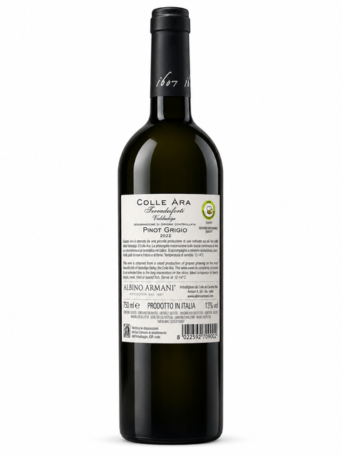 Bottle of Albino Armani Colle Ara Pinot Grigio 2022 Dry white wine, 750 ml, 13% alcohol, Italian with golden-pink hue label.