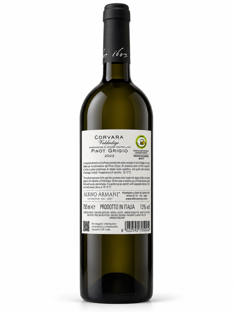 Bottle of Albino Armani Corvara Pinot Grigio white wine 2022 Dry, 750 ml, 13% alcohol, Italian wine with ripe pear and floral aromas.