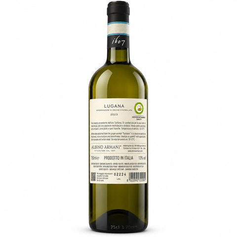 Back view of Albino Armani Lugana Turbiana 2023 Dry white wine bottle, 750ml, showcasing label details, 13% alcohol content, and Italian origin.