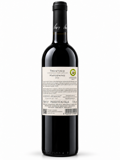 Albino Armani Marzemino Camboni back label, 2022 Trentino DOC, 750ml 13%