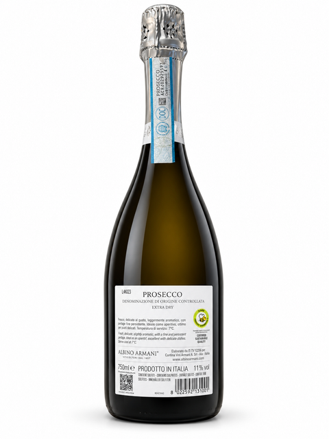 Bottle of Albino Armani Prosecco DOC Extra Dry Glera 750ml, displaying label and foil wrapping.