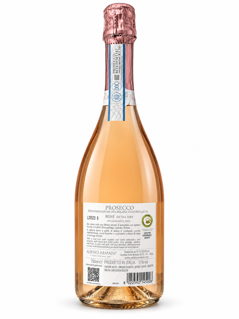Bottle of Albino Armani Prosecco Rose Extra Dry 2023, 750ml with elegant label.