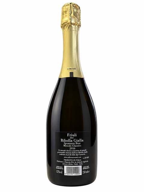 Albino Armani Ribolla Gialla Brut 2016 bottle rear label, 750ml, 12% ABV