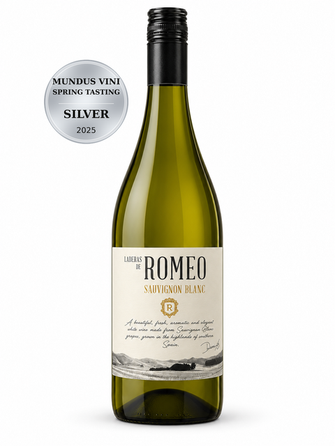Laderas de Romeo Sauvignon Blanc Dry White Wine 2024 750ml 12%; front bottle with Silver · MUNDUS VINI Spring Tasting · 2025 medal badge.