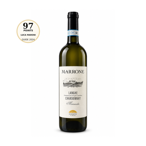 Marrone Memundis Chardonnay 2021 Dry White wine 750ml bottle with Langhe DOC label, rated 97 points by Luca Maroni.