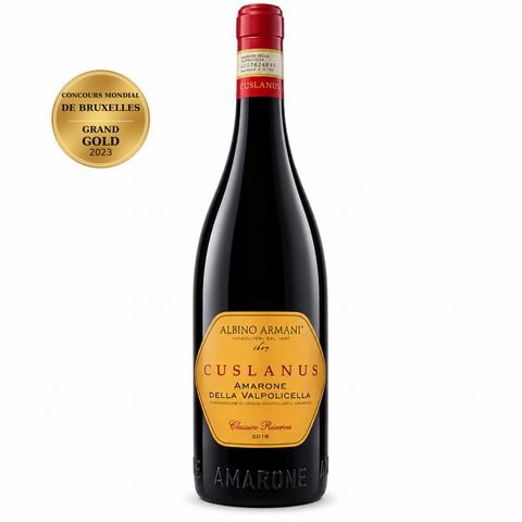 Albino Armani Cuslanus Amarone Riserva 2016 Dry Red Wine 750ml 16%; front bottle with Grand Gold · Concours Mondial de Bruxelles · 2023 medal badge.