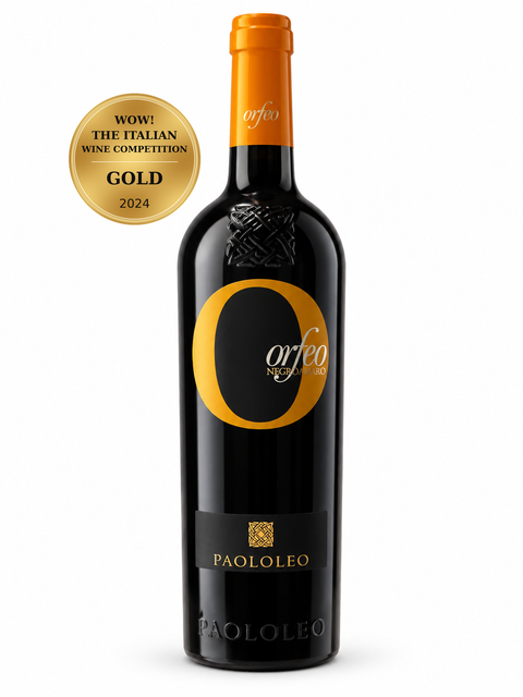Paolo Leo Orfeo Negroamaro 2022 Dry Red Wine 750ml 14.5% (Italy); front bottle with Gold · WOW! The Italian Wine Competition · 2024 medal badge.