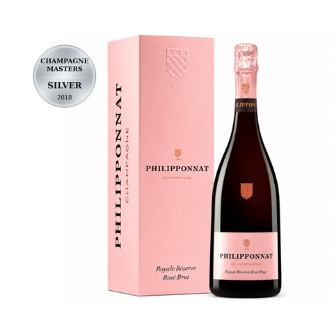 Philipponnat Royale Reserve Rose Brut Champagne 750ml 12% (France); front bottle and gift packaging with Silver · Champagne Masters · 2018 medal badge.