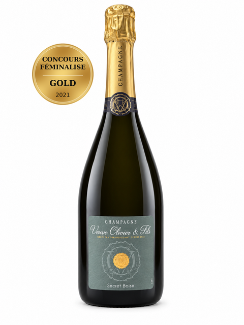 Veuve Olivier & Fils Secret Boise Brut Champagne 750ml 12%; front bottle with Gold · Concours Féminalise · 2021 medal badge.