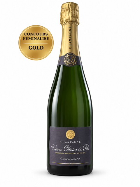 Veuve Olivier & Fils Grande Reserve Brut Champagne 750ml 12%; front bottle with Gold · Concours Féminalise medal badge.