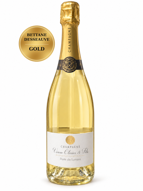 Veuve Olivier & Fils Perle de Lumiere Brut Champagne 750ml 12%; front bottle with Gold · Bettane-Desseauve medal badge.