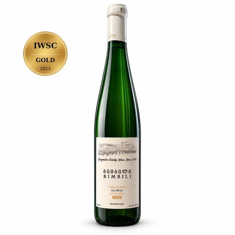 Bimbili Tsolikouri Qvevri 2020 Dry White Wine 750ml 12% (Georgia); front bottle with Gold · IWSC · 2023 medal badge.