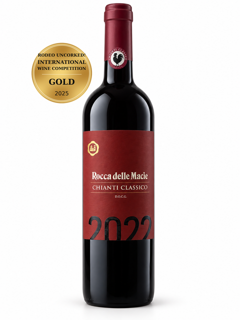 Rocca delle Macie Chianti Classico 2022 Sangiovese Dry red wine 13.5%; front bottle with Gold · Rodeo Uncorked! International Wine Competition · 2025 medal badge.