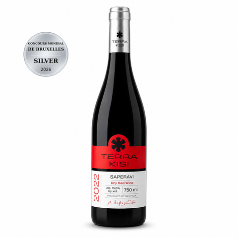 Terra Kisi Dry Red Wine Saperavi Qvevri 2022 750ml 15% (Georgia); front bottle with Silver · Concours Mondial de Bruxelles · 2026 medal badge.