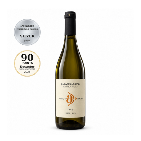 Marabda Valley Chinuri 2024 Dry White Wine 750ml 12% (Georgia); front bottle with matching Decanter World Wine Awards Silver 2026 and 90-point 2026 badges.
