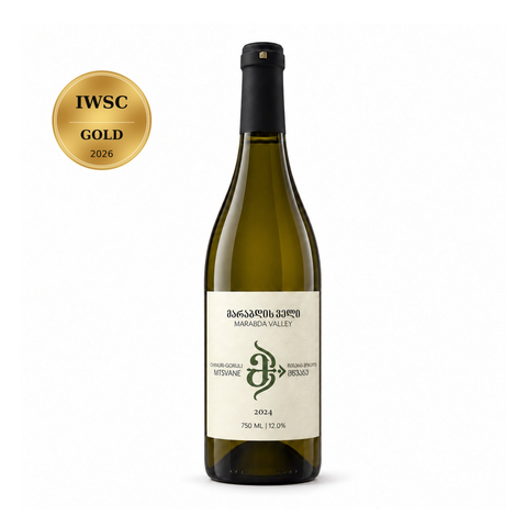 Marabda Valley Chinuri Goruli Mtsvane 2024 Dry White Wine 750ml 12%; front bottle with Gold · IWSC · 2026 medal badge.