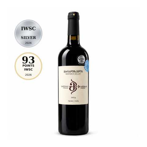 Marabda Valley Saperavi Premium 2024 Dry Red Wine 750ml 13% Georgia; front bottle with matching IWSC Silver 2026 and IWSC 93-point 2026 badges.