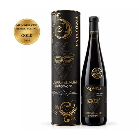 Innomina Usakhelauri 2024 Semi-Sweet Red 750ml 12.5%; front bottle and gift packaging with Gold · MUNDUS VINI Spring Tasting · 2026 medal badge.