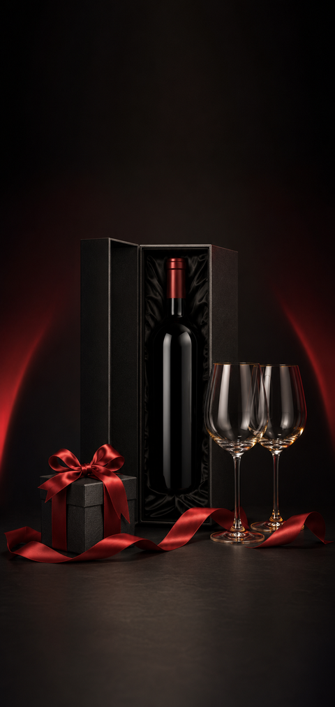 Premium alcohol gift box with wine and glasses