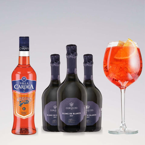 Spritz cocktail with Corvezzo Prosecco and Villa Cardea Aperitivo bottles, featuring a refreshing drink garnished with orange slices.