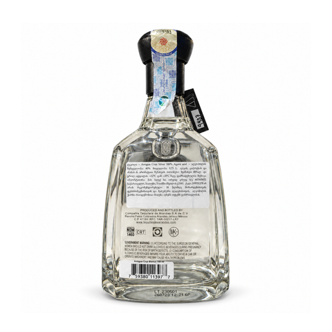 Antigua Cruz Silver Tequila 750ml 40%, rear label and barcode 759380113977 / ანტიგუა კრუზ სილვერ ტეკილა 750 მლ 40%, უკანა ეტიკეტი და ბარკოდი 759380113977