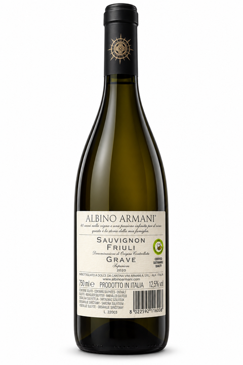 Albino Armani Sauvignon Superiore 2020 Dry White Wine 750ml bottle with 12.5% alcohol content from Friuli Grave DOC, Italy.