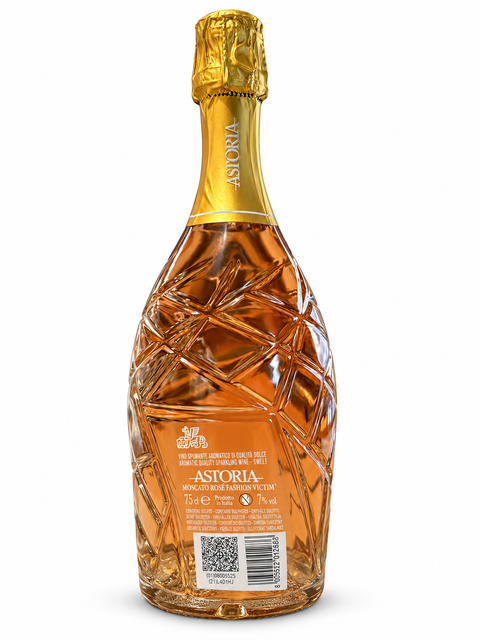 Astoria Moscato Rose Fashion Victim Sweet 750ml wine bottle with gold foil and sculpted design.