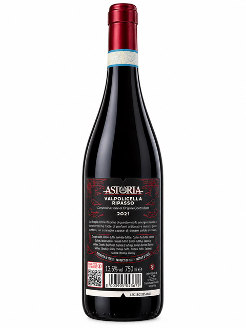 Astoria Valpolicella Ripasso Dry Red Wine 2021 bottle, black label with red details, 750ml, 13.5% alcohol content from Italy