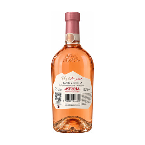 Astoria RoseMina Rose Wine 750ml bottle with 12.5% alcohol, showcasing its floral and fruity character from Veneto, Italy.