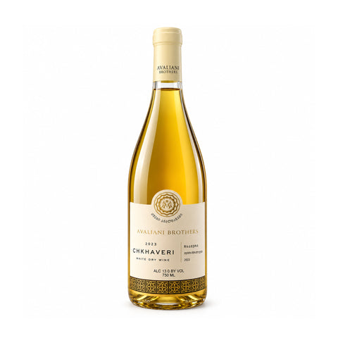 Avaliani Brothers Chkhaveri 2023 dry white wine, Keda, Ajara, Georgia, 750 ml, 13% — front | ძმები ავალიანები ჩხავერი 2023 მშრალი თეთრი ღვინო, ქედა, აჭარა, საქართველო, 750 მლ, 13% — წინა მხარე